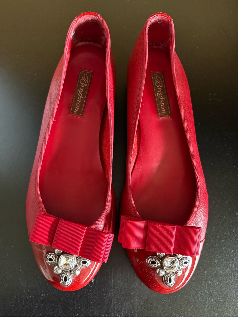 Brighton Red Bow Ballet Flats with Crystal Accent